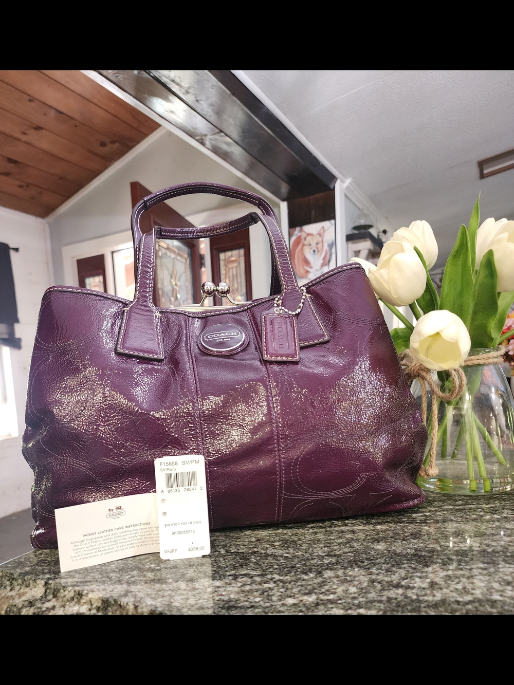 Coach Signature Stitch Framed Carryall Plum Patent Leather Satchel
